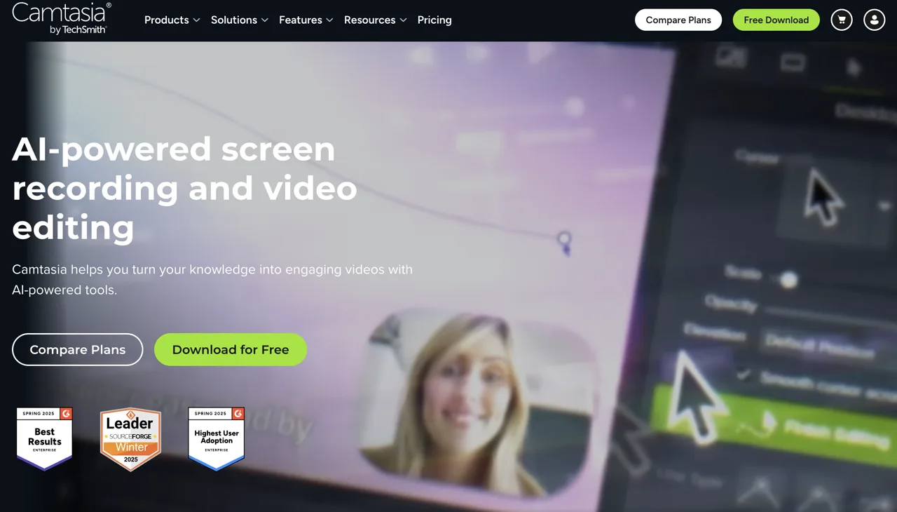 Camtasia AI-powered screen recording and video editing homepage