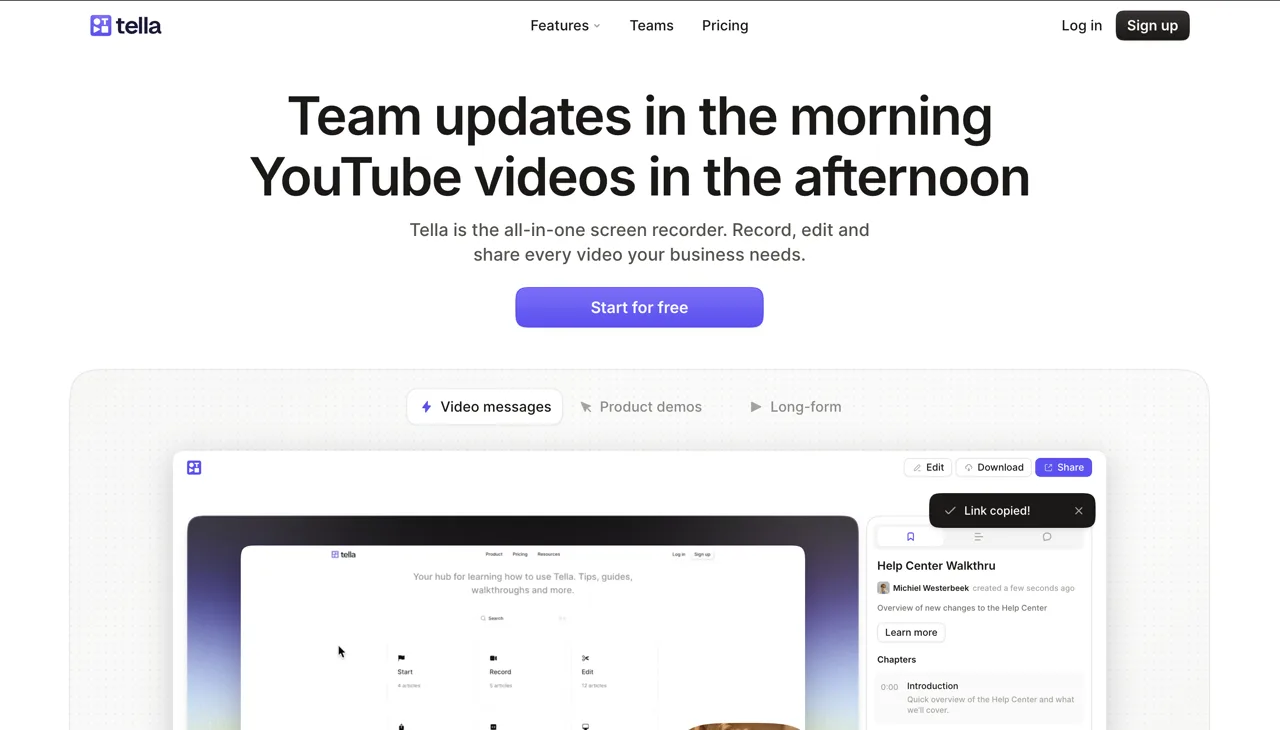 Tella screen recorder and video presentation homepage