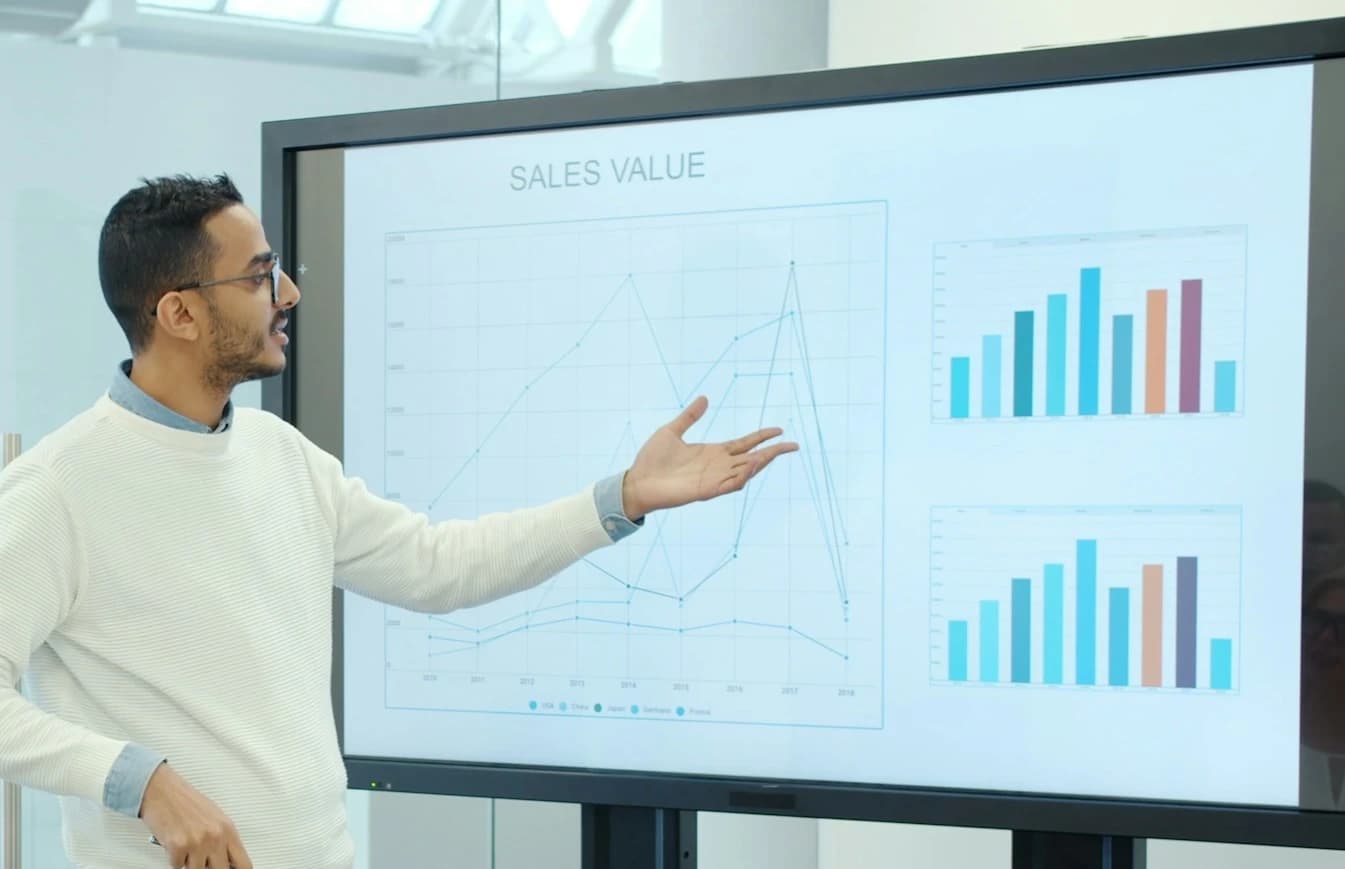 A presenter walking through sales charts on a large screen