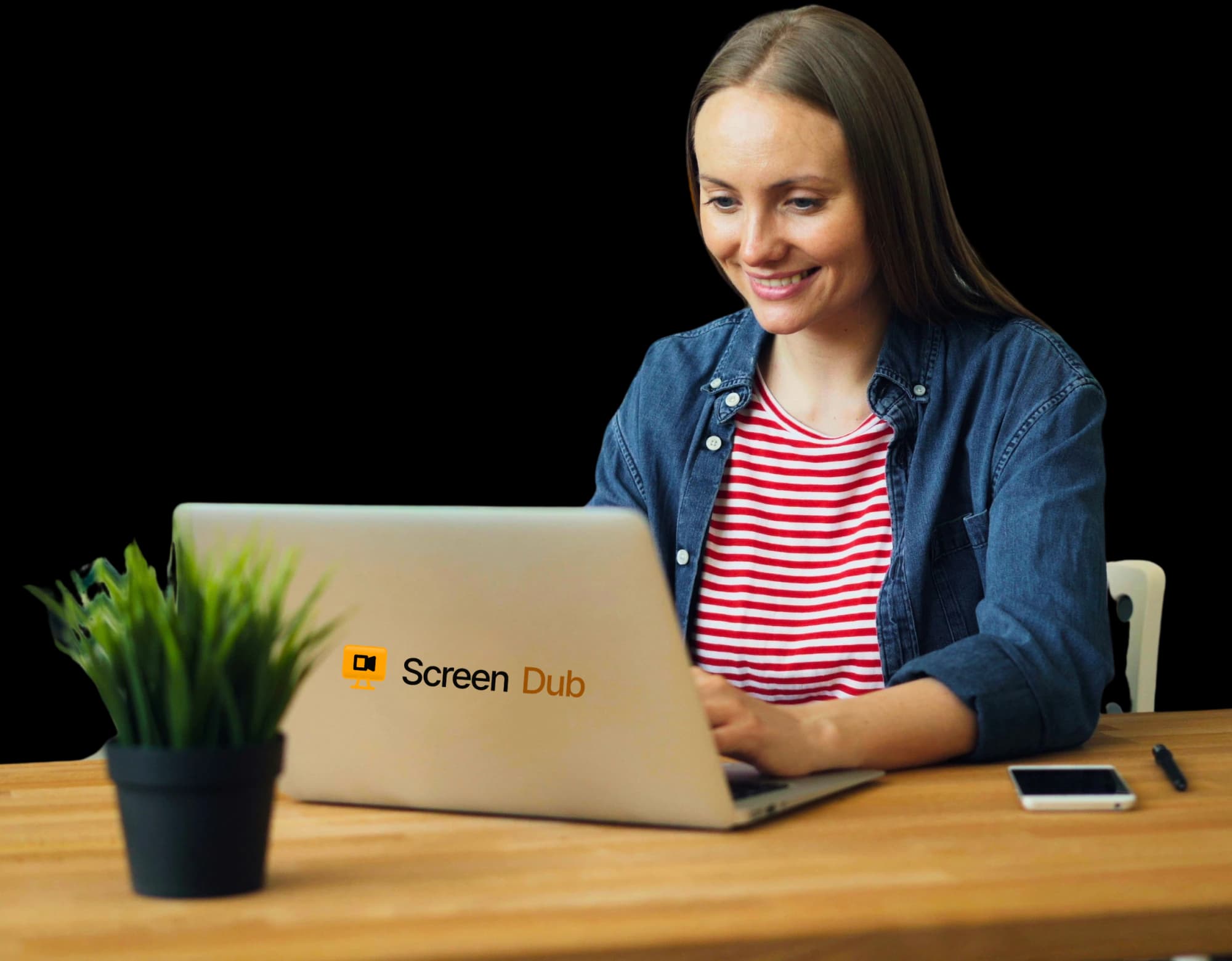 A creator making a narrated demo with ScreenDub on her laptop